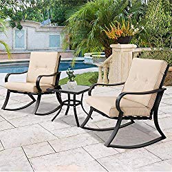Solaura Outdoor Rocking Chairs Bistro Set 3-Piece Black Steel Furniture with Brown Thickened Cushion & Glass Coffee Table