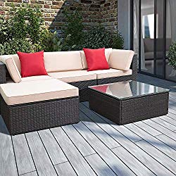 Devoko 5 Pieces Patio Furniture Sets All-Weather Outdoor Sectional Sofa Manual Weaving Wicker Rattan Patio Conversation Set with Cushion and Glass Table (Brown)