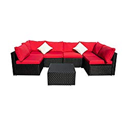 Outdoor Patio Furniture 7-Pieces PE Rattan Wicker Sectional Red Cushioned Sofa Sets with 2 Pillows