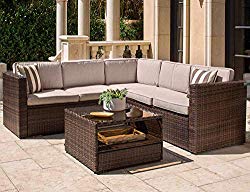 Solaura Outdoor 4-Piece Sofa Sectional Set All Weather Brown Wicker with Beige Cushions & Glass Coffee Table
