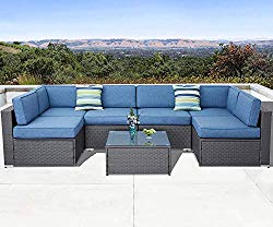 Solaura Outdoor Furniture Set 7-Piece Wicker Furniture Modular Sectional Sofa Set Dark Gray Wicker Denim Blue Olefin Fiber Cushions & Sophisticated Glass Coffee Table with Waterproof Cover