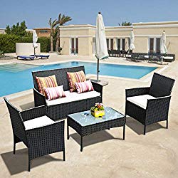 Tangkula 4 PCS Patio Wicker Furniture Set, Outdoor Patio Furniture, Rattan Wicker Sofas Garden Lawn Poolside Cushioned Seat, Conversation Set with Removable Cushions & Coffee Table (Black)