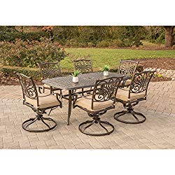 Hanover TRADITIONS7PCSW-6 Traditions 7 Piece Dining Set with Six Swivel Chairs & A Large 72 x 38 Table Outdoor Furniture, Bronze Frame Tan