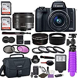 Canon EOS M50 Mirrorless Digital Camera (Black) Premium Accessory Bundle with EF-M 15-45mm is STM Lens (Graphite) + Canon Gadget Case + 64GB Memory + HD Filters + Auxiliary Lenses