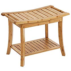 SONGMICS Bamboo Shower Bench Seat, Portable Spa Bathing Stool, with Towel Shelf, Handles, Natural UBCB25Y