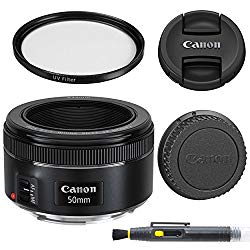 Canon EF 50mm f/1.8 STM: Lens with Glass UV Filter, Front and Rear Lens Caps, and Deluxe Cleaning Pen, Lens Accessory Bundle 50 mm f1.8 – International Version