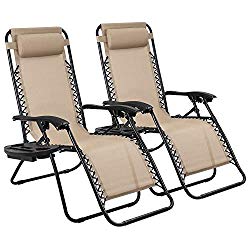 Devoko Patio Zero Gravity Chair Outdoor Adjustable Folding Lounge Chairs Pool Side Using Reclining Lawn Chair with Pillow and Tray Holder Set of 2 (Beige)