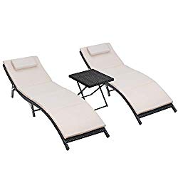 Homall 3 Pieces Outdoor Lounge Chair Patio Chaise Lounge Sets PE Rattan Lounge Chair with Folding Table and Beige Cushion