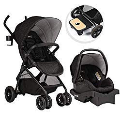 Evenflo Sibby Travel System, Stroller, Car Seat, Ride-Along Board, Oversized Storage Basket, 3-Panel Canopy, Multiple-Position Recline, Easy to Fold and Store, Charcoal