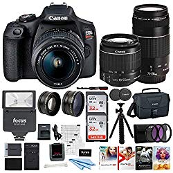 Canon EOS Rebel T7 DSLR Camera EF-S 18-55mm and EF 75-300mm Double Zoom Lens + 200ES Bag + Total of 64GB Card and Battery Pack Accessory Bundle