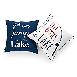 Hofdeco Lake House Indoor Outdoor Pillow Cover ONLY, Water Resistant for Patio Lounge Sofa, Navy Red White Life Better Go Jump in Lake, 18″x18″, Set of 2