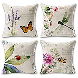 ONWAY Outdoor Garden Decoration Bee/Butterfly/Dragonfly/Ladybug Pillow Case Leaf/Lavender/Flower Decorative Throw Pillow Covers 18 x 18 Inches, Set of 4