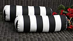 Resort Spa Home Decor Set of 2 Indoor/Outdoor Decorative Bolster/Neckroll Pillows – Black and White Stripe