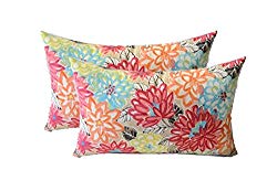 Set of 2 – Indoor / Outdoor Rectangle / Lumbar Decorative Throw / Toss Pillows ~ Yellow, Orange, Blue, Pink Bright Artistic Floral