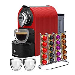 ChefWave Mini Espresso Machine – Nespresso Capsules Compatible – Programmable One-Touch 27 Oz. Water Tank, Premium Italian 20 Bar High Pressure Pump – 40 Pod Holder, 2 Double-Wall Glass Cups – Red
