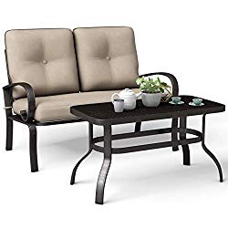 Giantex 2 Pcs Patio Loveseat with Coffee Table Outdoor Bench with Cushion and Metal Frame, Loveseat Furniture Set Sofa for Garden, Yard, Patio or Poolside