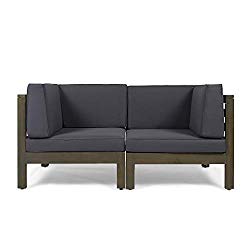 Great Deal Furniture Keith Outdoor Sectional Loveseat Set | 2-Seater | Acacia Wood | Water-Resistant Cushions | Gray and Dark Gray