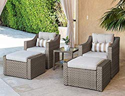 Solaura Patio Sofa Sets 5-Piece Outdoor Furniture Set Gray Wicker Lounge Chair & Ottoman with Neutral Beige Olefin Fiber Cushions & Glass Coffee Side Table