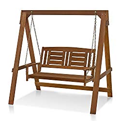 Furinno FG16409 Tioman Hardwood Patio Furniture Porch Swing with Stand in Teak Oil, 2-Seater with Frame, Natural