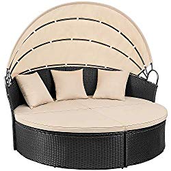 Devoko Outdoor Patio Round Daybed 4 Pieces Wicker Rattan Furniture Sets All-Weather Seating Sofa Lawn Garden Backyard Daybed with Retractable Canopy (Black)