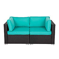 Kinbor Black Wicker Patio Loveseat 2 PCS Outdoor Garden Furniture Set Rattan Corner Sofa with Thick Cushions, Tiffany Blue
