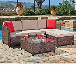SUNCROWN Outdoor Sectional Sofa (5-Piece Set) All-Weather Brown Checkered Wicker Furniture with Brown Seat Cushions & Modern Glass Coffee Table | Patio, Backyard, Pool | Incl. Waterproof Cover