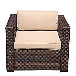 Super Patio Wicker Single Chair, Outdoor Furniture All Weather Wicker Armchair Sofa Thick Beige Cushions, Steel Frame, Brown