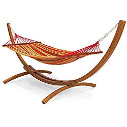 Best Choice Products Wood Curved Arc Hammock Stand w/ Cotton Hammock for Outdoor, Garden, Patio – Multicolor