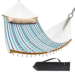 Ohuhu Double Hammock with Detachable Pillow, 2019 All New Curved-Bar Design Strong Bamboo Hammock Swing with Carrying Bag, 4.6’W x 6.2’L, Blue & White Stripe