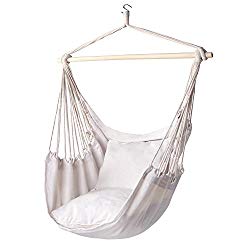 Y- STOP Hammock Chair Hanging Rope Swing – Max 320 Lbs – 2 Seat Cushions Included – Quality Cotton Weave for Superior Comfort & Durability (Beige)