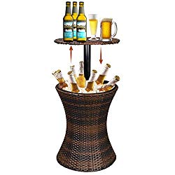 Super Deal 3in1 All-Weather Cool Wicker Bar Table + Ice Bucket + Cocktail Coffee Table All in One, Rattan Style Adjustable Height Patio Party Deck Pool Use, Brown