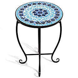 Giantex Mosaic Round Side Accent Table Patio Plant Stand Porch Beach Theme Balcony Back Deck Pool Decor Metal Cobalt Glass Top Indoor Outdoor Coffee End Table (Ocean Fantasy)