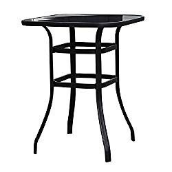 LOKATSE HOME Outdoor Bistro Bar Height Table Metal Frame Square Tempered Furniture Glass Top All Weather for Patio, Black