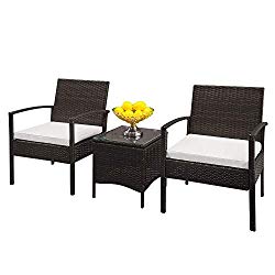 Lovinland Rattan Patio Furniture 3 Piece Outdoor Table and Sofas Furniture Set with Cushion and Tempered Glass Tabletop for Backyard Pool Garden