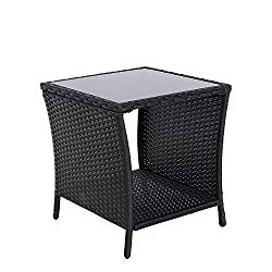 SOLAURA Furniture Outdoor Patio Table Steel Frame Grey Wicker Coffee Table Square Side Table Tempered Glass Top