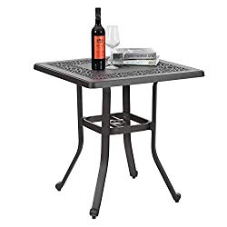 PHI VILLA Patio Cast Aluminum 27.5″ Bistro Square Dining Table with Umbrella Hole and Frosted Surface