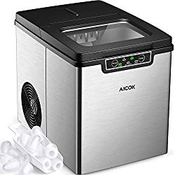Aicok Portable Ice Maker, Countertop Ice Machine, 26 lbs of Ice per 24 hours, 9 Ice Cubes in 6-10 Minutes, 2 Quart Water Tank, Stainless Steel Ice Making Machine With Ice Scoop, Silver