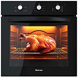 COSTWAY 24″ Built-In Single Wall Oven Electric 2.5 Cu. Ft. Capacity, Multifunctional Under Counter Oven, Full 2-layer Black Glass with Cooling Down Fan in Stainless Steel Frame (4-Functions)
