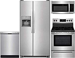 Frigidaire 4-Piece Stainless Steel Kitchen Package with FFSS2615TS 36″ Side-by-Side Refrigerator, FFEF3054TS 30″ Freestanding Electric Range, FFCD2418US 24″ Full Console Dishwasher and FFMV1645TS 30″