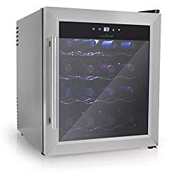 NutriChef 16 Bottle Thermoelectric Wine Cooler / Chiller | Counter Top Red And White Wine Cellar | FreeStanding Refrigerator, Quiet Operation Fridge | Stainless Steel