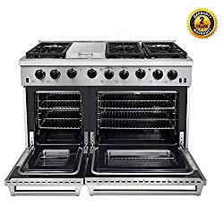 Thor Kitchen 48″ Stainless Steel Gas Range Black Porcelain Drip Pan with Double Oven Automatic Re-ignition Safety LRG4801U