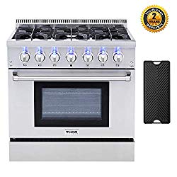 Thor Kitchen HRD3606U 36” Dual Fuel Pro-Style Range Freestanding Professional Style with 5.2 cu.ft Convection Oven in Stainless Steel, 6 Burners, Cast-Iron Reversible Griddle