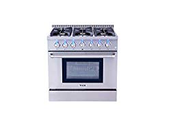 Thor Kitchen HRG3618U 36″ Freestanding Professional Style Gas Range with 5.2 Cu. Ft. Oven, 6 Burners, Convection Fan, Cast Iron Grates, Blue Porcelain Oven Interior, In Stainless Steel