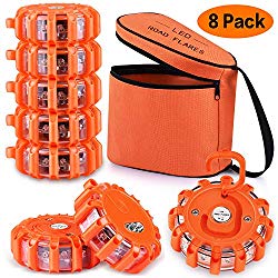 AK [8 Pack] LED Road Flares Safety Flashing Warning Light Roadside Emergency Disc Beacon Kit for Vehicles Boats with Magnetic Base & Hook, Premium Storage Bag (Batteries Not Included) (8)