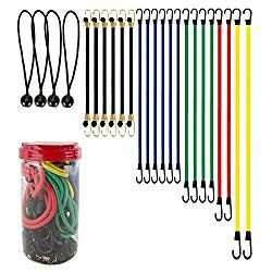 Best Choice 24-Piece Premium Bungee Cord Assortment in Storage Jar – Includes 10″, 18″, 24″, 32″, 40″ Bungee Cords and 8″ Canopy/Tarp Ball Ties