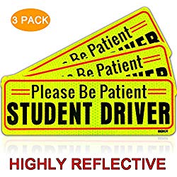 BOKA Set of 3 Student Driver Magnet Highly Reflective New Driver Vehicle Bumper Magnet Car Signs Magnetic Sticker Large Bold Visible Text (10 inches Please be Patient)