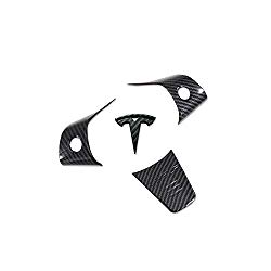 CoolKo Steering Wheel Decoration Covers and T Emblem Logo Compatible with Model 3 – Black Carbon Fiber Pattern