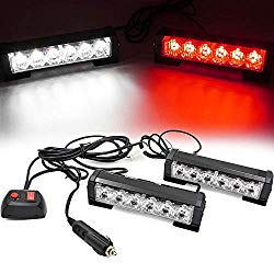 FOXCID 2 X 6 LED 9 Modes Traffic Advisor Emergency Warning Vehicle Strobe Lights for Interior Roof/Dash/Windshield/Grille/Deck Universal Waterproof (White/Red)