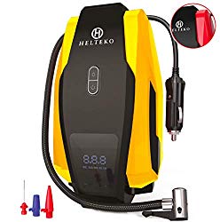 Helteko Portable Air Compressor Pump 150PSI 12V – Digital Tire Inflator – Auto Tire Pump with Emergency Led Lighting and Long Cable for Car – Bicycle – Motorcycle – Basketball and other