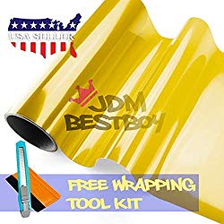 JDMBESTBOY Free Tool Kit 12″x60″ (1FT x 5FT) Glossy Golden Yellow 3000k Tint Headlight Fog Lights Taillight Smoke Vinyl Film Self Adhesive